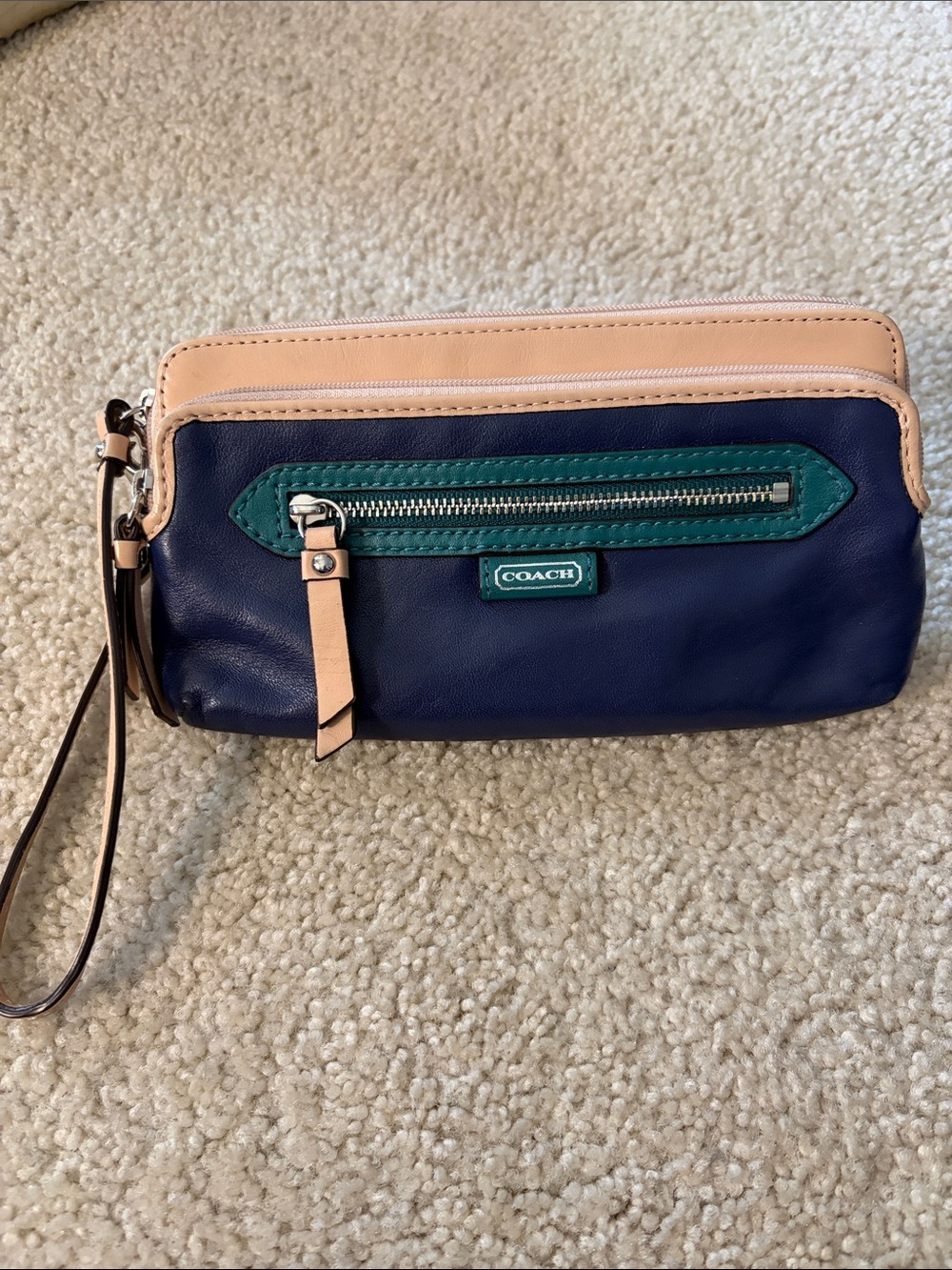 Coach Daisy Spectator Leather Double Zippered Wristlet In Navy,Green and Tan